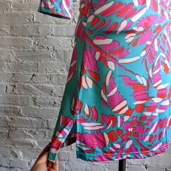 Groovy Vibrant Psychedelic Dress 70s Retro Teal & Pink Beachy Summer Shift Dress - Picture 3 of 8